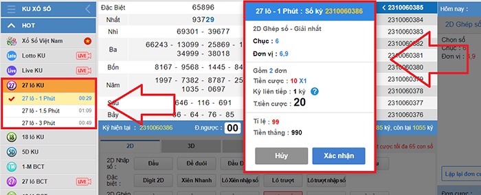 Đặt cược xổ số 27 lô KU 1 phút